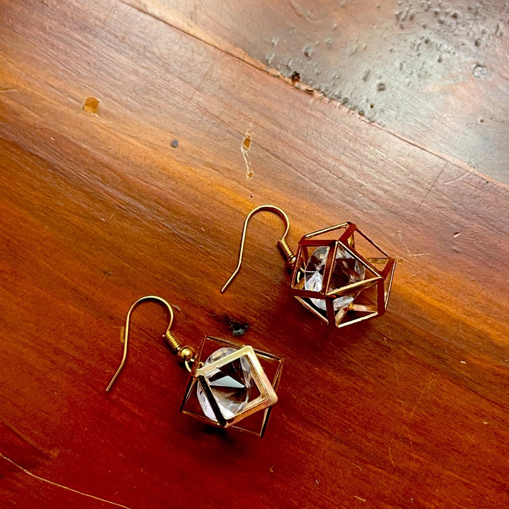 Gold Geometric Cage Earrings with Jewels